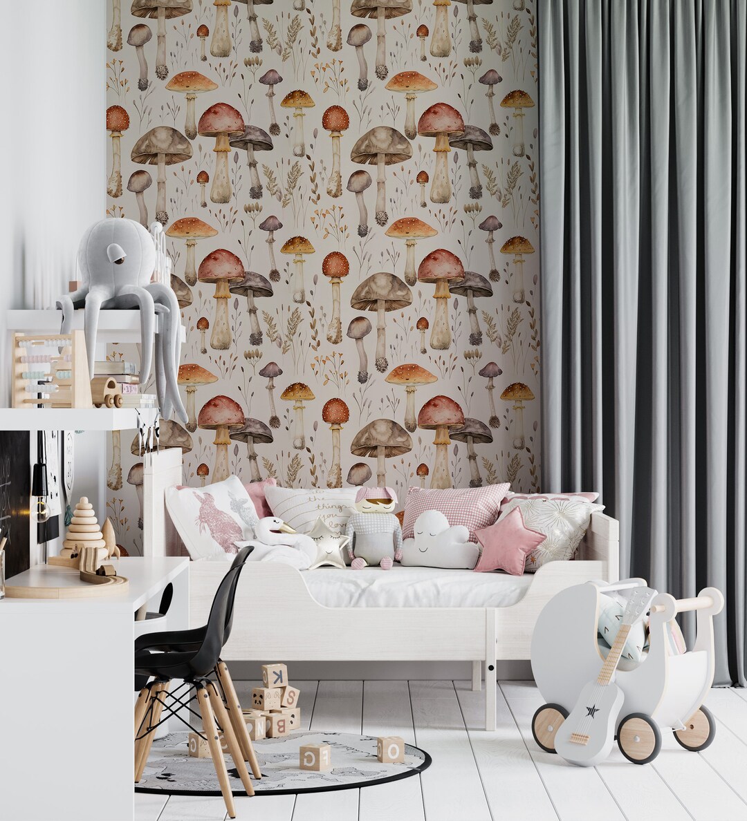 Painted Mushroom Pattern Wallpaper, Peel and Stick, Kids Room and ...