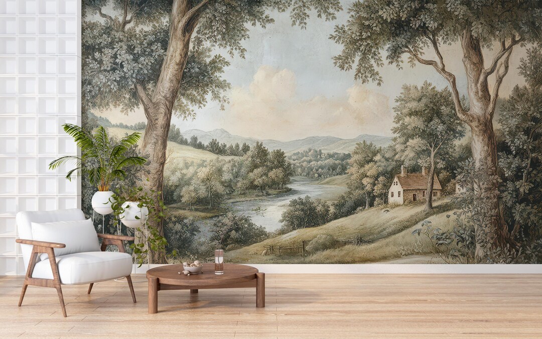 Vintage Rural Painting Wall Mural, Nature Landscape Wall Decal, Tree ...