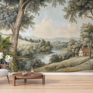 Vintage ländliche Malerei Wandbild, Naturlandschaft Wandtattoo, Baum Malerische Tapete, Historische Ölgemälde Tapete, Panorama Wandkunst