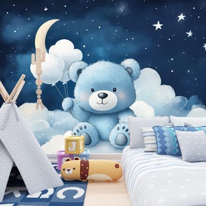 Cute Teddy in the Sky Wallpaper, Moon Clouds and Stars Wall Decal, Nursery and Kids Room Wall Decor Blue Cartoon Bear Wall Mural Art