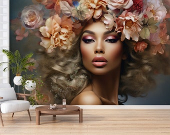 Abstract Woman Art Wallpaper for Hairdresser and Beauty Salon Decor, Removable Mural Decor, Peel Stick and One Piece, Easy Apply