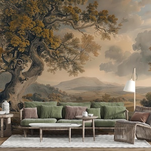 Large Tree Scenic Wallpaper, Vintage Rural Painting Wallpaper ...