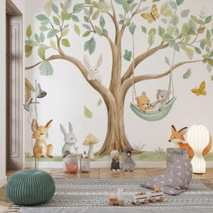 Carta da parati per bambini Woodland, adorabile murale con animali, decorazione murale con alberi, conigli, orsi e volpi, decalcomania murale con foresta pastello, decorazione per bambini
