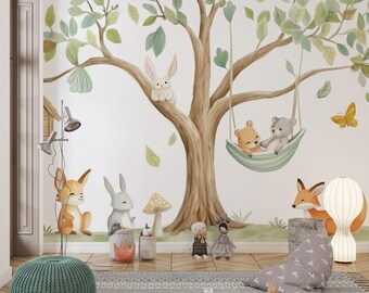 Wald Kinderzimmer Tapete, Tier Wandbild, Schälen und Aufkleben