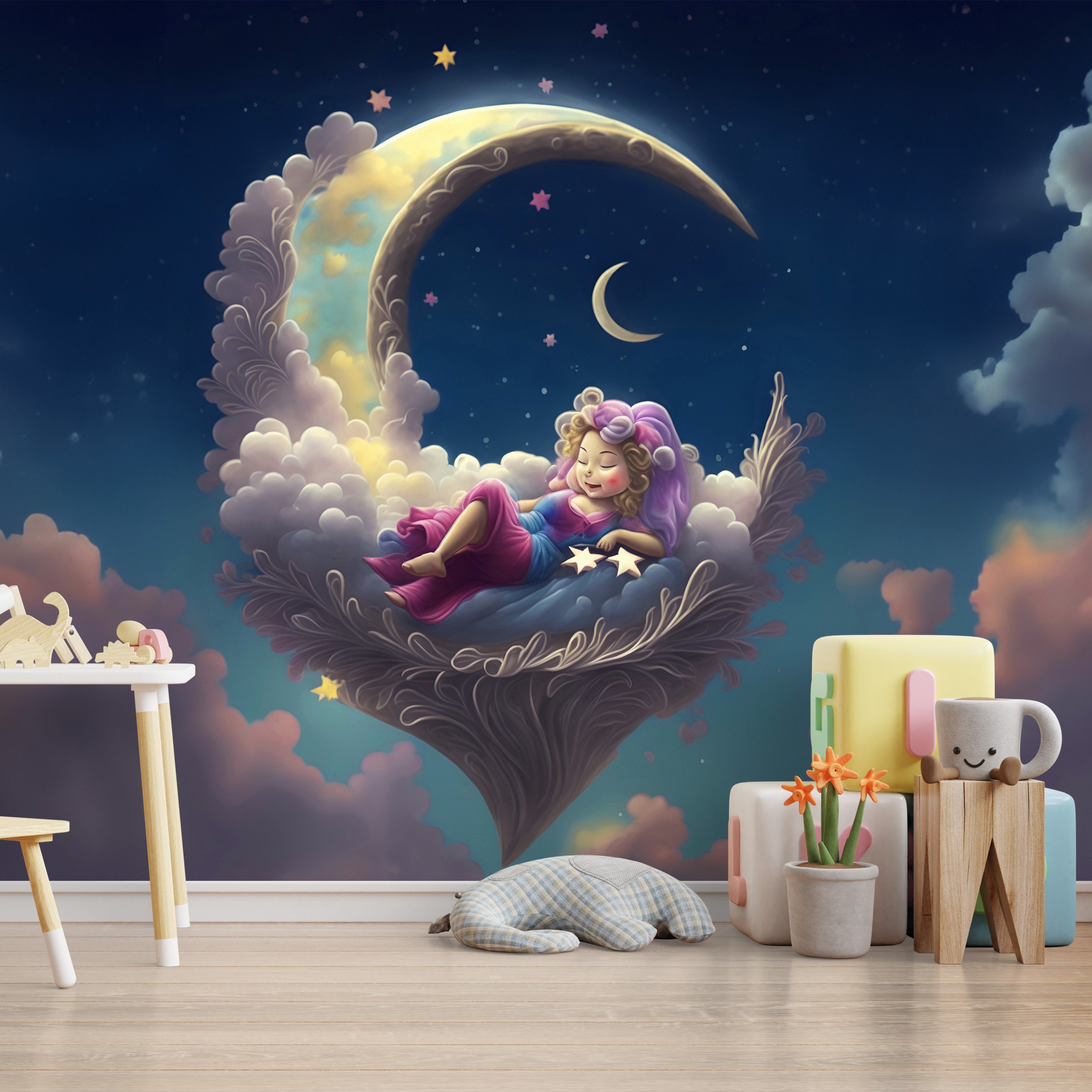 Little Princess Sleeping on the Moon Wallpaper for Nursery and Kids ...