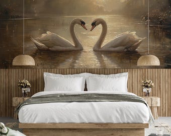 Swans on the Lake Landscape Wall Decal, Elegant Watercolor Wall Decor, Romantic Wall Art for Bedroom, Swan Beige Painting Wallpaper Mural