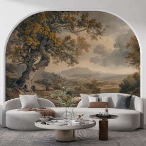 Carta da parati panoramica con grandi alberi, carta da parati con dipinti rurali d'epoca, murale con foresta storica, decalcomania da parete con paesaggio retrò, arte da parete panoramica