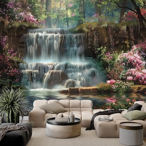 Papier peint cascade et fleurs, décoration murale arbre et fleurs avec rivière, papier peint paysage cascade, papier peint panoramique