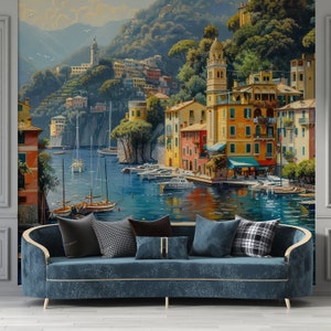 Portofino Landschaft Vintage Tapete, Ölgemälde Tapete, Historisches Wandbild, Panorama-Landschaftswandbild, Retro Landschaftstapete