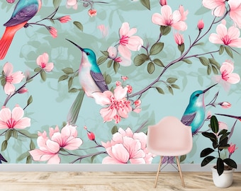 Hummingbirds Mural Paper with Pink Springs Flowers, Removable Floral Wallpaper - Peel Stick, Nonwoven, Vinyl, Nature Wallpaper