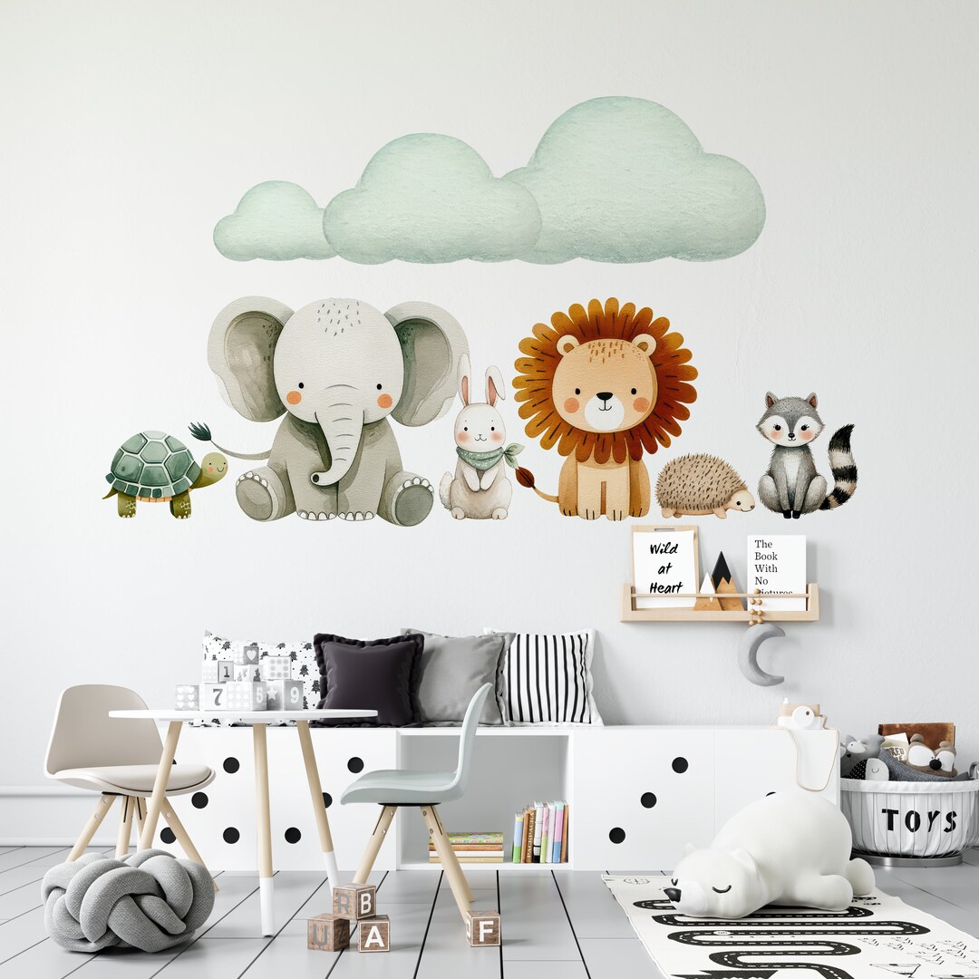 Cute Baby Animals Wallpaper for Kids Room, Elephant Wall Decal, Jungle ...