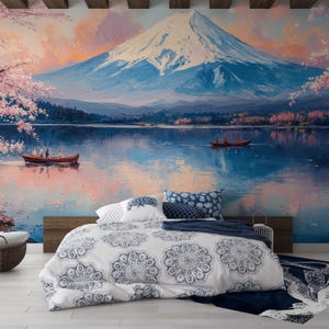 Japan Lake Kawaguchi Wallpaper, Mount Fuji Landscape Wall Mural, Japanese Sakura Trees Wall Decal, Oil Painting Wall Decor for Living Room