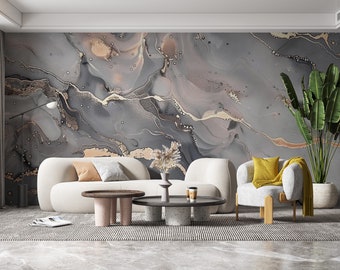 Gray Gold Marble Texture Stone Wallpaper, Abstract Gray Art Wall Mural, Marble Modern Art Wall