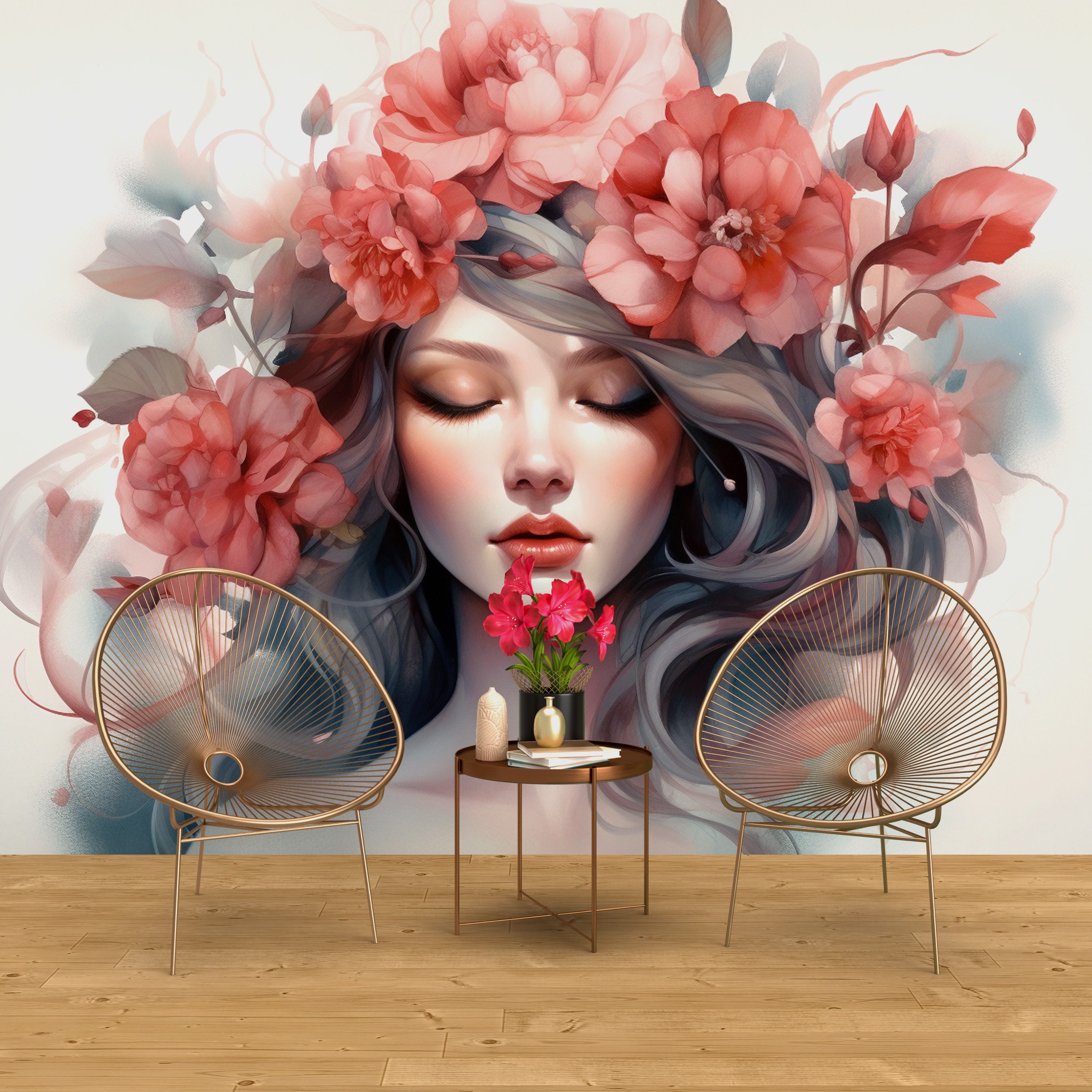 Buy Woman and Flowers Watercolor Wallpaper for Beauty Salon and