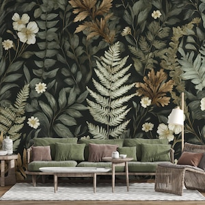 Dark Botanical Wallpaper, Tropical Vintage Wall Mural, Retro Large Leaves Wall Decal, Nature Leaf and Flower Pattern Living Room Wall Decor