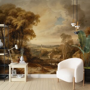 Natur ländliche Malerei Wandbild, Vintage Aquarell Landschaft Tapete, Wandbild Retro Landschaft, rustikales Wald Wandtattoo