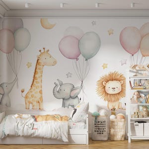 Cute Animals on Clouds Wallpaper, Watercolor Lion and Elephant Wall Decal, Giraffe Kids Playroom Decor Wall Mural, Balloon Nursery Wall Art