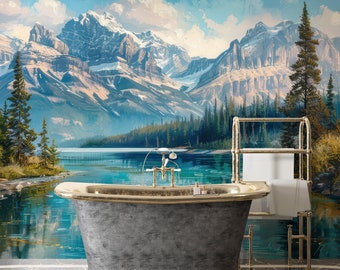 Banff National Park Landscape Wallpaper, Vintage Mountain and Lake Landscape Wallpaper, Historical Oil Painting Wall Mural, Scenic Wallpaper