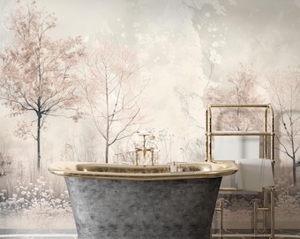 Papel pintado minimalista con paisaje forestal, mural decorativo en beige suave, arte mural con bosque brumoso, decoración de pared con árboles modernos para sala de estar.