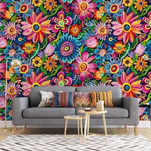 Mexikanische Volkskunst-Muster-Tapete, Vintage buntes abstraktes Blumen- und Blattwandbild, mexikanische Blumen-Wandkunst