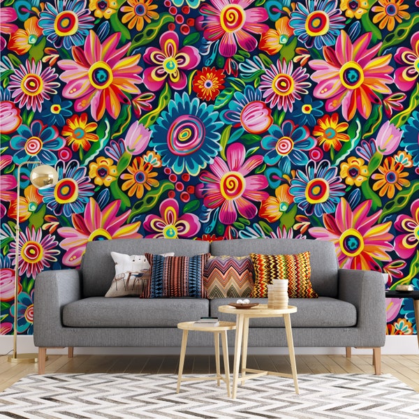 Mexican Folk Art Pattern Wallpaper,  Vintage Colorful Abstract Floral and Leaves Wall Mural, Mexican Flowers Wall Art