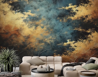 Gold and Dark Blue Plaster Texture Wallpaper, Living Room and Bedroom Mural Decal, Luxury Concrete Wall Wallpaper, Vintage Stucco Wallpaper