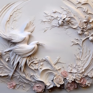 Peut inclure: Art mural 3D blanc repr&eacute;sentant deux oiseaux en vol avec des d&eacute;tails floraux d&eacute;licats. Les oiseaux sont sculpt&eacute;s dans un style r&eacute;aliste avec des d&eacute;tails de plumes complexes. Les fleurs sont dispos&eacute;es en cercle autour des oiseaux, cr&eacute;ant un sentiment de mouvement et d'harmonie.