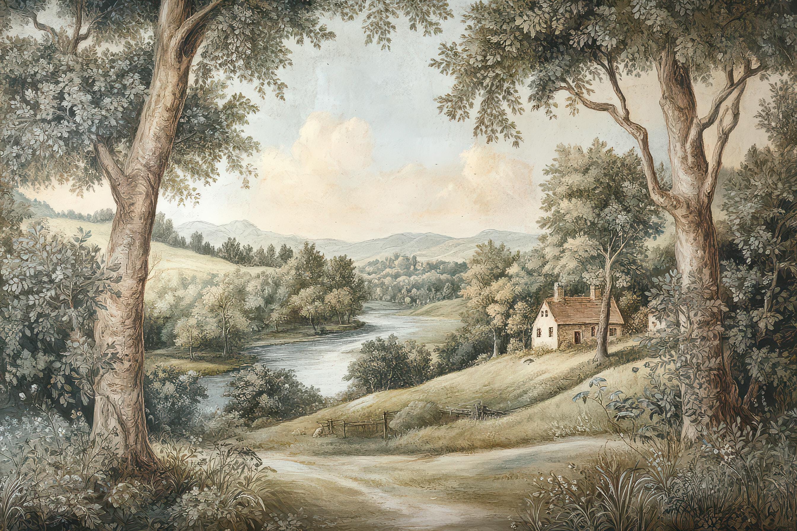 ビンテージ　風景画 樹木 ヴィンテージの田園風景画、自然風景画、樹木風景画、歴史的な油絵の