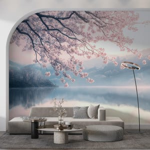 湖と桜の木の壁紙、ミニマリストの風景壁画、ピンクの木の壁アート、リビングルームと寝室のモダンな風景壁装飾