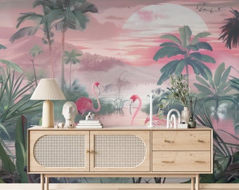 Soft Pink Flowers, Flamingo, Palm Trees and Leaves, Landscape Wallpaper, Removable Mural Decor, One Piece & Peel Stick, Animal Wallpaper