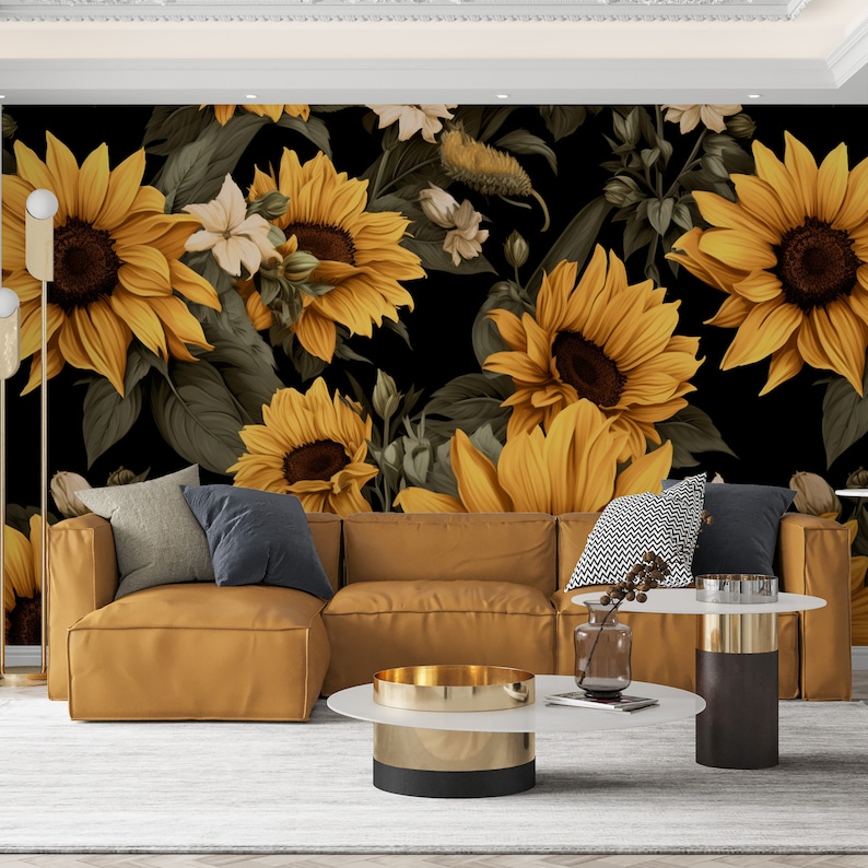 Sunflower Wallpaper, Removable Floral Mural Decor Home & Office Wall ...