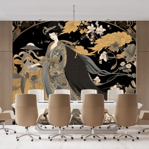 May include: A black and gold wall mural featuring a woman in a traditional Japanese kimono standing in front of a stylized floral design. The woman is surrounded by gold and black flowers and leaves.