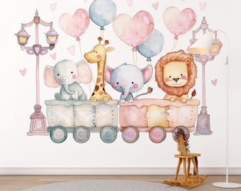 Cute Animals on the Train Wall Decor, Giraffe and Lion Wallpaper, Safari Watercolor Wall Art, Elephant Wall Decal for Nursery and Kids Room