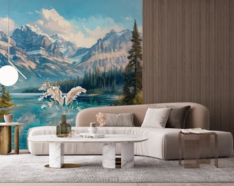 Banff National Park Landscape Wallpaper, Vintage Mountain and Lake Landscape Wallpaper, Historical Oil Painting Wall Mural, Scenic Wallpaper