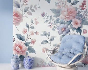 Soft Multi Color Floral Wallpaper, Pink Watercolor Wallpaper, Peony Wall Mural, Large Peony Flower Wallpaper, Minimalist Peonies Wall Art