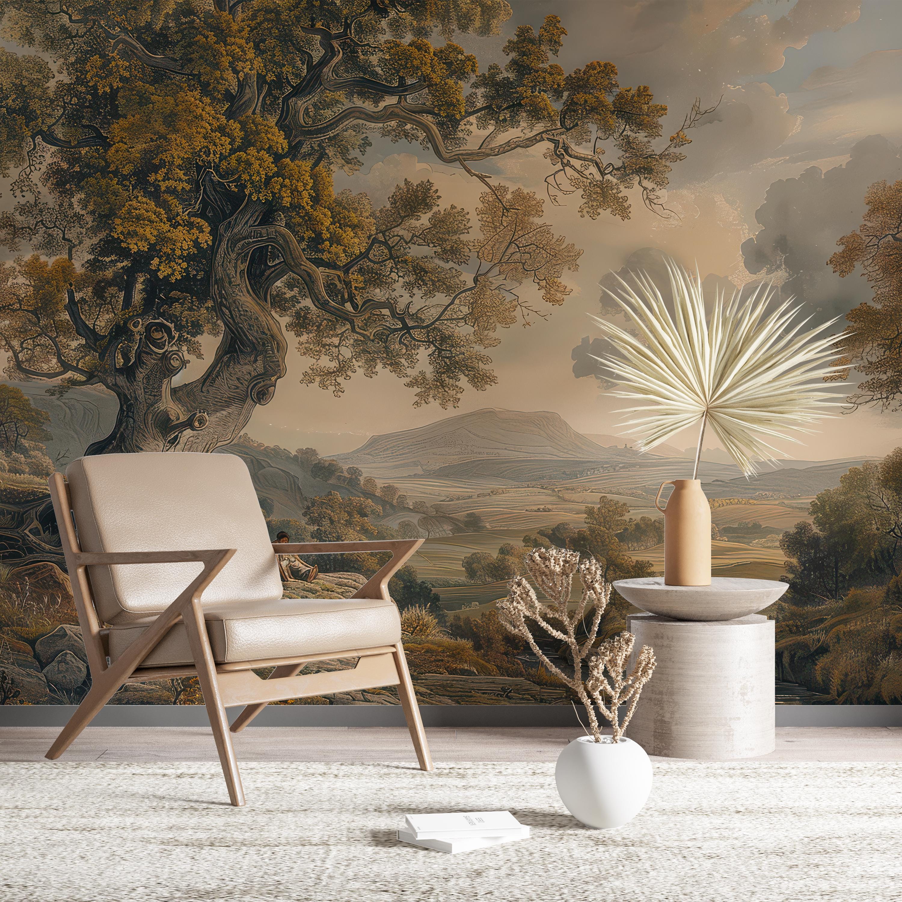 Large Tree Scenic Wallpaper, Vintage Rural Painting Wallpaper ...
