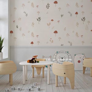 Woodland Cute Mushroom Wallpaper, Hand-Drawn Floral Wall Mural, Minimalist Nursery Wall Decal, Playful Kids Wall Decor, Children's Room Art