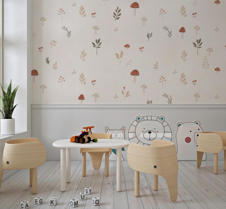 Woodland Cute Mushroom Wallpaper, Hand-Drawn Floral Wall Mural, Minimalist Nursery Wall Decal, Playful Kids Wall Decor, Children's Room Art
