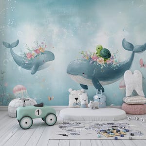 Under the Sea-behang, aquarel muursticker Sea Life, schattige walvis met bloemen en zeeschildpad muurschildering, muurdecoratie kinderkamer en kinderkamer