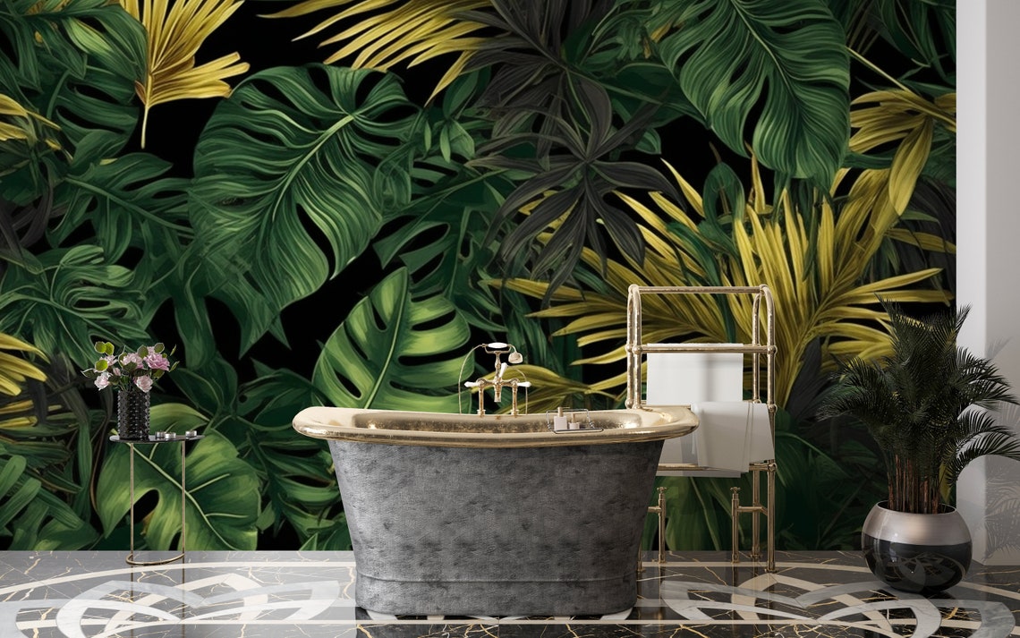 Tropical Green Leaves, Jungle Background Wallpaper, Peel and Stick Leaf ...