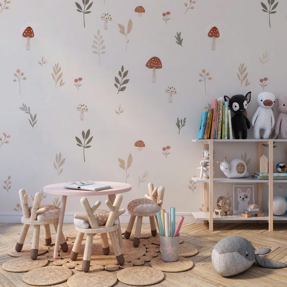 Woodland Cute Mushroom Wallpaper, Hand-Drawn Floral Wall Mural, Minimalist Nursery Wall Decal, Playful Kids Wall Decor, Children's Room Art