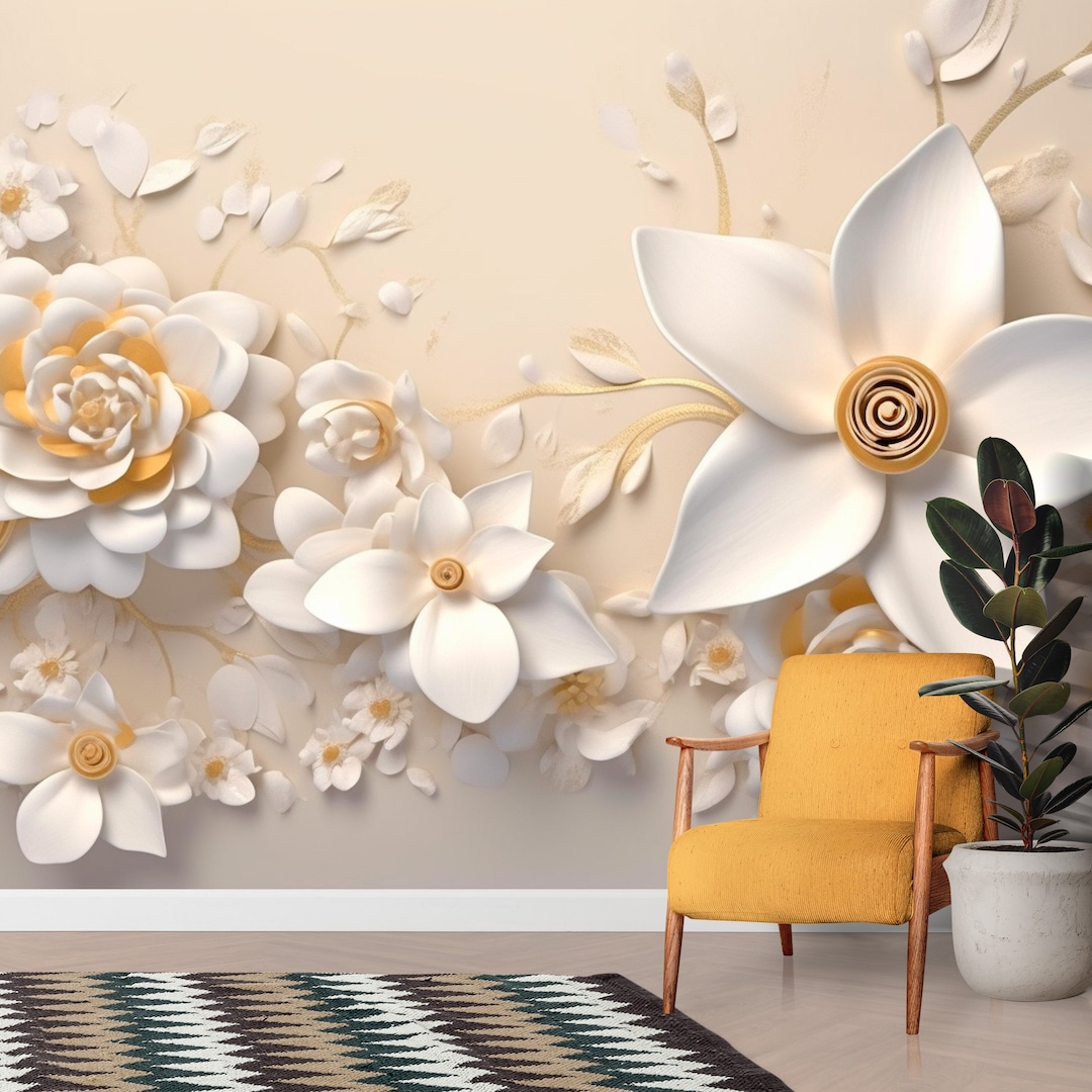 White Flowers Mural Wallpaper, Gold Look White Floral for Living Room