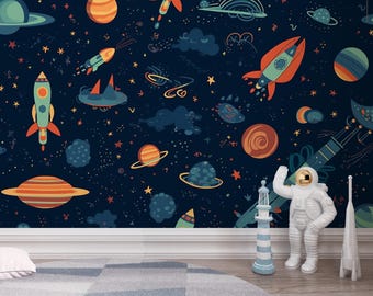 Space Themed Wallpaper for Kids Room, Rockets, Planets and Stars Wall Mural, Fun Wall Decal for Boys Room, Space Adventure Wall Covering