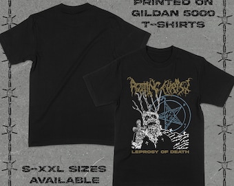 May include: A black short-sleeve t-shirt featuring a graphic print with the text Rotting Christ and Leprosy of Death. The design includes a skeletal figure, a pentagram, and a cross. Text on the image reads Printed on Gildan 5000 T-shirts.