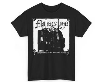 May include: Black t-shirt with a white graphic featuring the band name "Mutilation" and an illustration of figures. The text "Vampires of Black Imperial Blood" is below the illustration. The shirt is a crew neck.