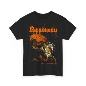 May include: Black t-shirt with an orange graphic of a horse running through a forest with the text "Rippikoulu" and "Mustasereemonia" printed on the front.