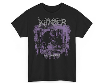 May include: Black t-shirt with a purple graphic. The graphic features the word "WINTER" in a stylized font above a silhouette scene of two figures. The text "INTO DARKNESS" is below the scene. The design is framed by a purple border.
