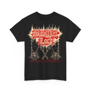 May include: Black t-shirt featuring the text "Slaughter Lord" in red and white, with a flame-like design. Below the text are crossed spiked maces and the words "Taste of Blood" in red.