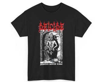 May include: Black t-shirt featuring a graphic with the word "DEICIDE" in red, stylized lettering. Below the word is a black and white illustration of a demonic figure in an archway. The text "MASTER SATAN RISE!" is below the illustration.