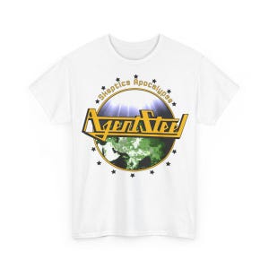 May include: White t-shirt with a graphic print of a yellow and green logo that says "Agent Steel" with the text "Shaptics Apocalypse" in a circle around the logo.